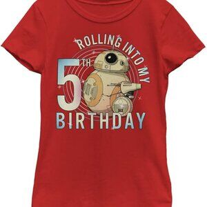 STAR WARS BB-8 D-O Rolling 5th Birthday T-Shirt Medium 7/8 Red Girls NEW Happy